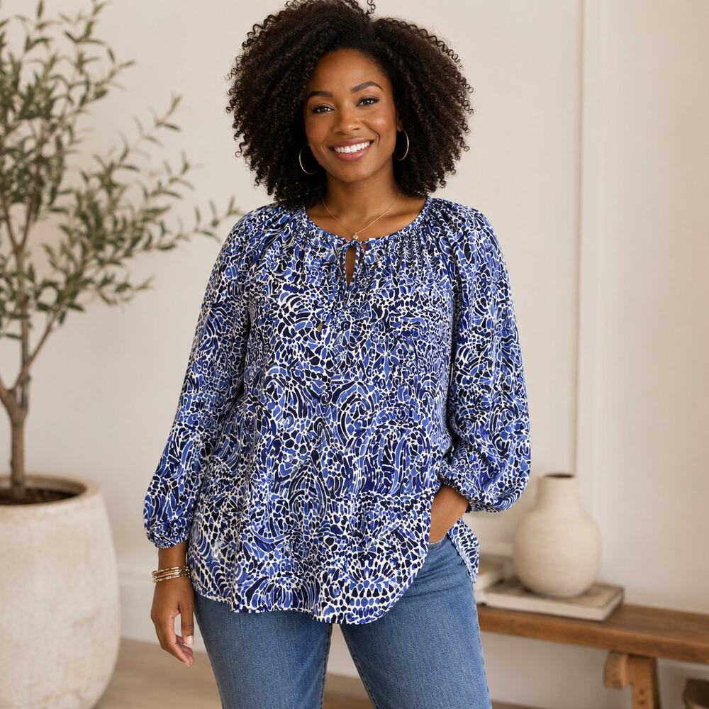 Lilly Pulitzer Blue/Black/White Patterned Key Hole Long Sleeve Top Women's M